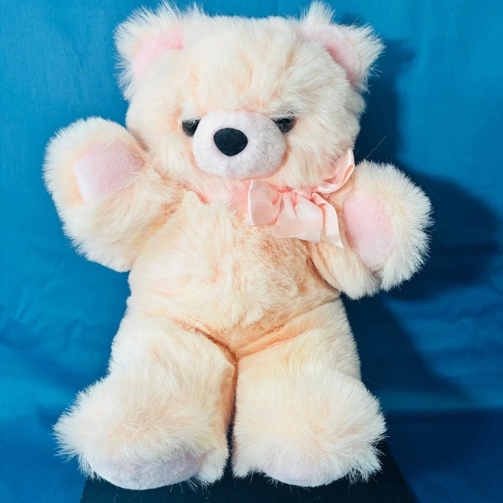 Vintage Royal Plush Toys Peach Teddy Bear Pink Bow Soft Faux Fur 12